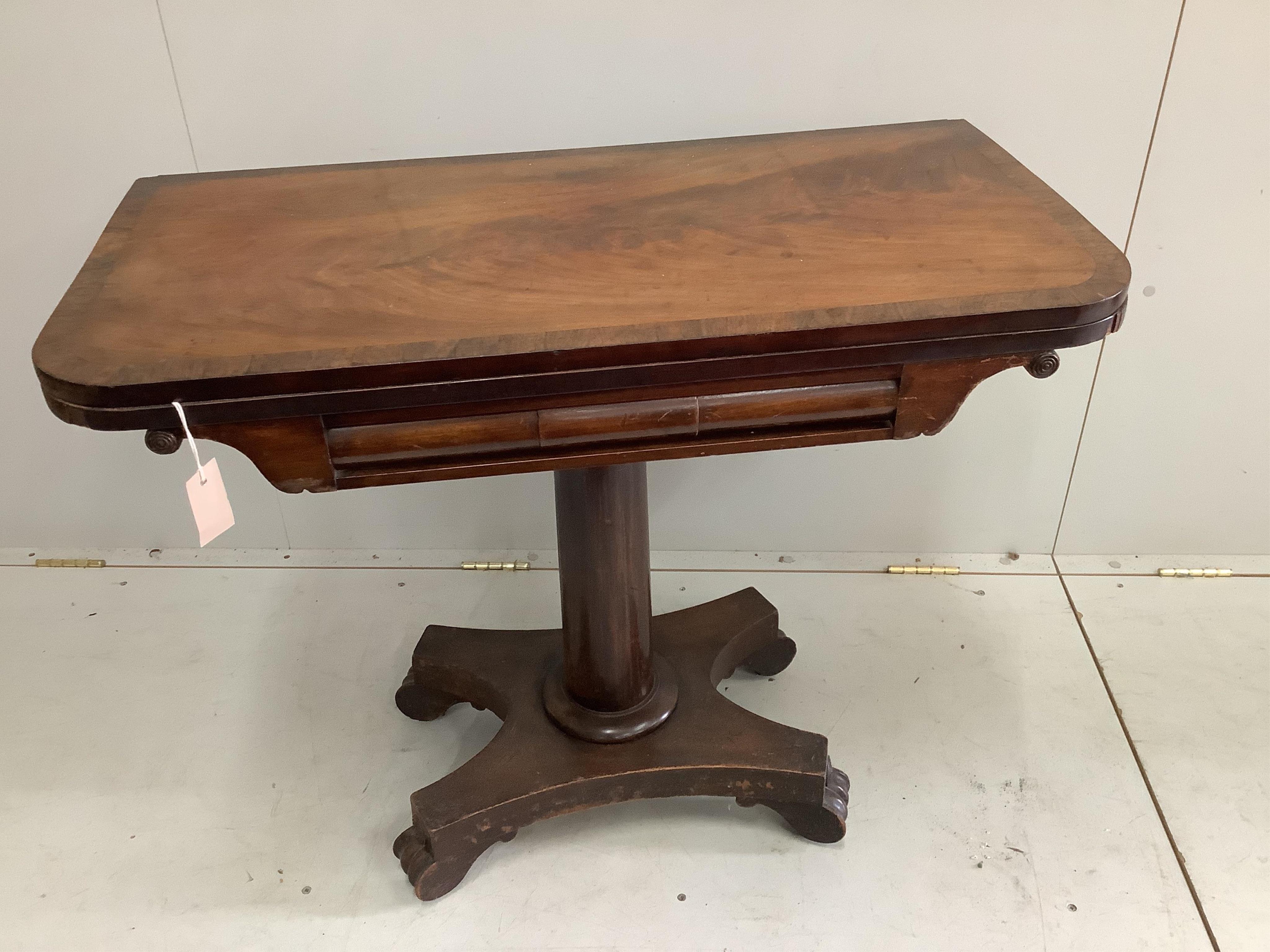 An early Victorian rosewood banded mahogany folding card table, width 90cm, depth 45cm, height 73cm. Condition - fair